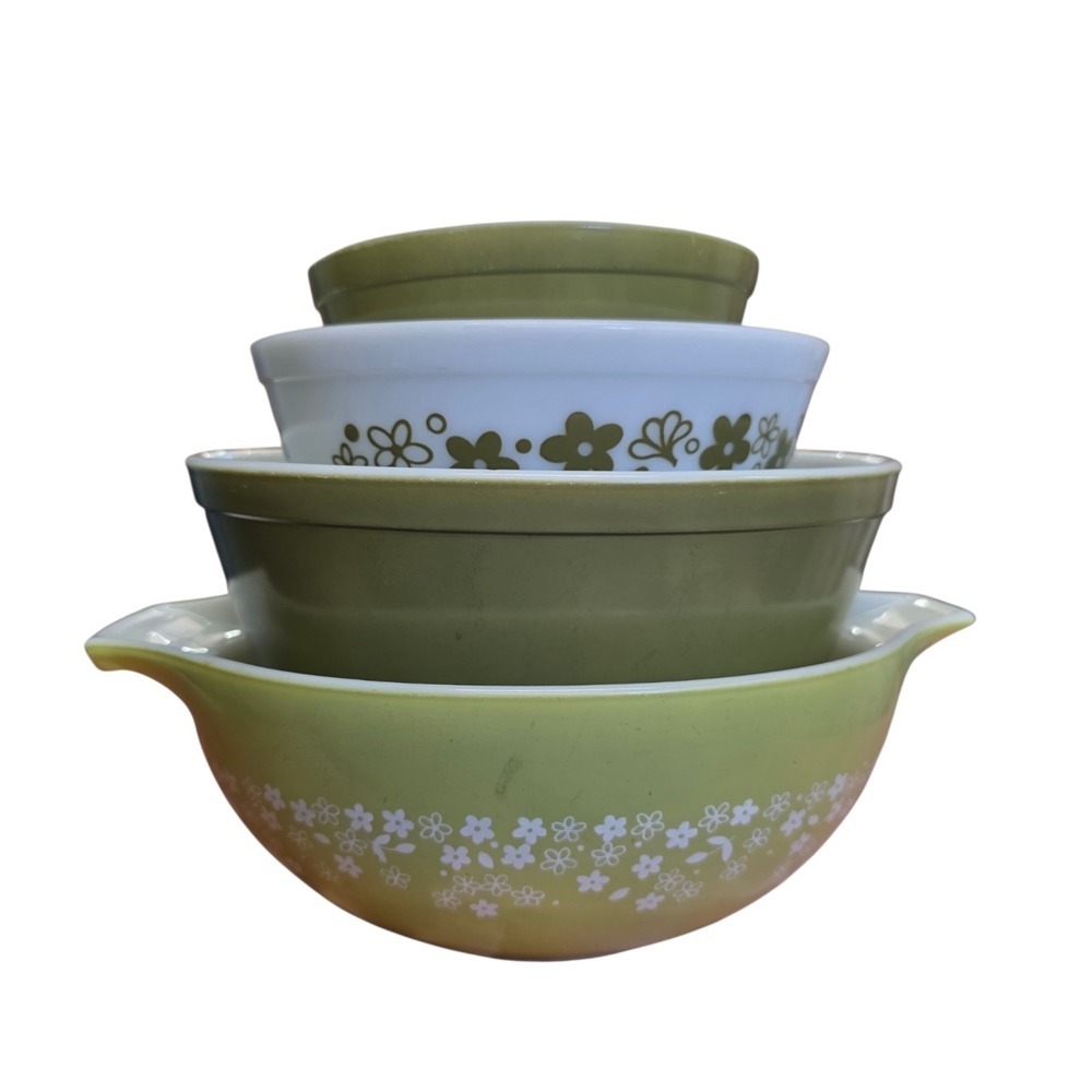 Vintage Pyrex Spring Blossom/Crazy Daisy Nesting Mixing Bowl Set (4) Green